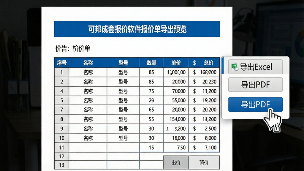 主体:可邦成套报价软件报价单导出预览,显示一份完整的报价表格和导出菜单。布局:表格居中,右侧悬浮导出选项。排版:报价单包含序号、名称、型号、数量、单价、总价,格式规范。风格:商务正式,白色纸张效果,蓝色标题栏。细节:导出菜单中显示“导出Excel”、“导出PDF”按钮,鼠标点击“导出PDF”。画质:4K,干净,无多余元素