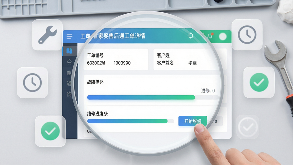 主体:一张管家婆售后通工单详情页面截图被放大展示,页面包含“工单编号”、“客户姓名”、“故障描述”、“维修进度条”等字段。布局:截图居中,四周环绕半透明的图标如扳手、时钟、对勾。排版:界面信息分层清晰,进度条以蓝绿渐变色显示。风格:UI设计现代,扁平化,色彩清新。细节:屏幕上有模拟手指点击“开始维修”按钮,背景为淡灰色工作台。画质:高清,干净无杂物。