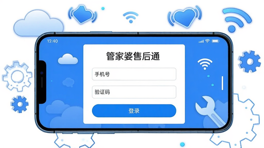 主体:一部智能手机横屏显示管家婆售后通登录页面,屏幕上有“手机号”与“验证码”输入框。布局:手机居中,周围有云朵与Wi-Fi图标。排版:登录框简洁,按钮为蓝色。风格:科技感插画风。细节:手机屏幕顶部显示时间,背景有齿轮与扳手装饰。画质:高清,干净无多余元素。