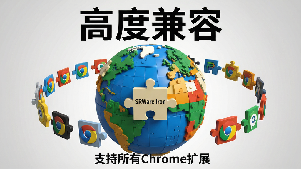 主体:一个拼图积木构成的地球仪,其中一块积木标有“SRWare Iron”字样,周围环绕着各种浏览器扩展图标(如拼图块)。布局:地球仪居中,扩展图标围绕地球仪飞行,形成环形。排版:上方有“高度兼容”四个大字,下方有“支持所有Chrome扩展”的小字。风格:3D渲染,色彩鲜艳,积木材质有塑料质感。细节:地球仪上的大陆板块清晰,扩展图标有光影效果,背景为浅灰色渐变。画质:高清,干净,无多余元素。