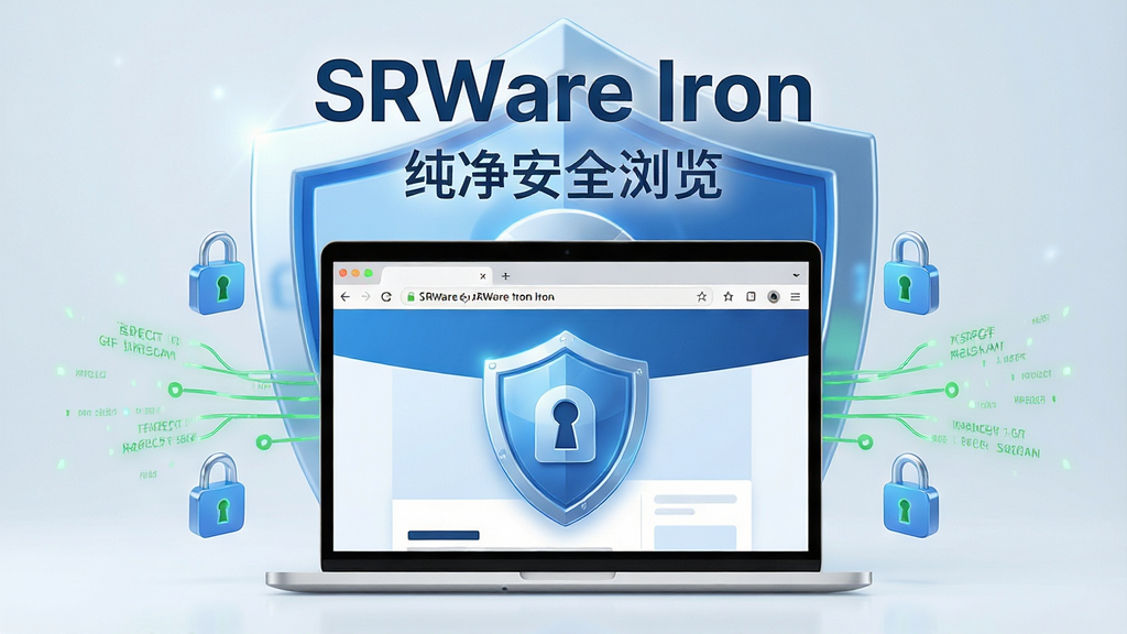 主体:一台现代化的笔记本电脑,屏幕中显示SRWare Iron浏览器的界面,背景为抽象的网络安全盾牌图形。布局:电脑居中,屏幕内容清晰可见,周围有漂浮的锁形图标和数据流线条。排版:主标题“SRWare Iron”位于画面顶部,副标题“纯净安全浏览”位于其下方。风格:科技感、简约、蓝色与白色为主色调,高光质感。细节:屏幕内展示浏览器地址栏和简洁的网页内容,盾牌上有锁孔图案,数据流呈绿色表示安全。画质:8K超高清,干净,无多余元素。