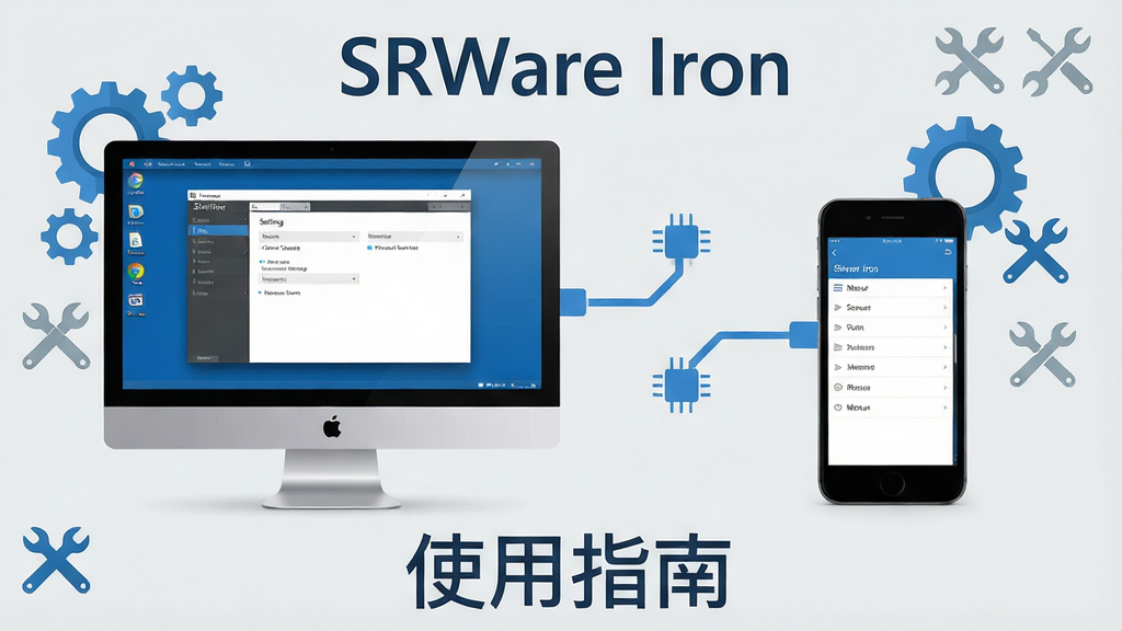 主体:一台电脑和一部手机并排放置,屏幕上分别显示SRWare Iron的桌面版和移动版界面,周围有齿轮图标和工具图标。布局:左右对称,电脑在左,手机在右,中间有连接线。排版:底部有“使用指南”四个字,上方有“SRWare Iron”字样。风格:写实与扁平结合,蓝色和白色为主,背景为浅灰色。细节:电脑屏幕显示设置界面,手机屏幕显示菜单选项,连接线上有数据节点。画质:高清,干净,无多余元素。