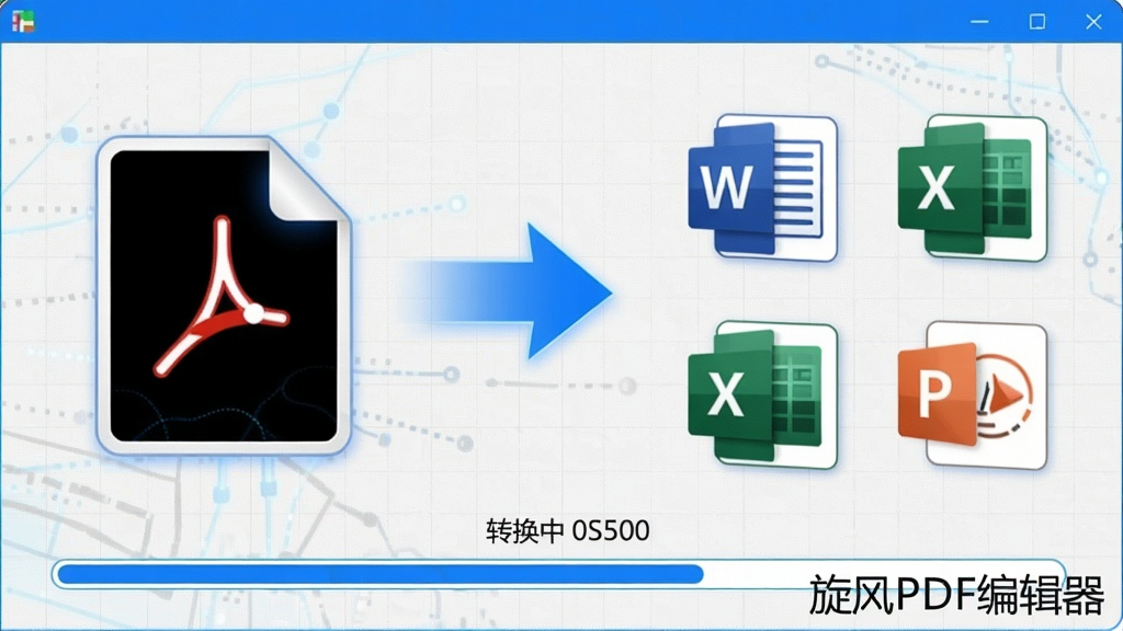 չʾ����PDF�༭����ʽת�����ܣ��������ΪPDF�ļ�ͼ�꣬�Ҳ�ΪWord��Excel��PPT�ȸ�ʽͼ�꣬�м�����ɫ��ͷ���ӣ��ײ��н�������ʾת���У�����Ϊǳ��ɫ����������Ƽ��У�ɫ��������Ϊ����ϸ�ڷḻ�����ʸɾ����޶���Ԫ�أ��������ơ�����PDF�༭������ˮӡ��ʽ���������½ǡ�