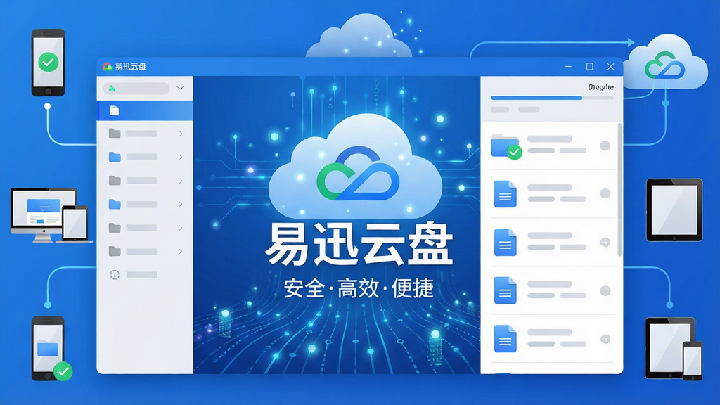 主体:易迅云盘软件界面与云端存储概念图,界面简洁现代,左侧文件分类栏,右侧文件列表与上传进度条。布局:屏幕中央展示“易迅云盘”Logo,背景为流动的数据线条与云朵形状,四周环绕手机、电脑、平板等多设备图标,体现跨平台同步。排版:主标题“易迅云盘”置于画面中央,下方配以“安全高效便捷”字样,整体视觉重心均衡。风格:扁平化设计,蓝白主色调,辅以浅灰色渐变,科技感强,干净明亮。细节:文件图标带有绿色对勾,云端数据以发光粒子效果呈现,线条流畅,界面无多余按钮。画质:高清渲染,细节丰富,色彩纯净,无多余元素。