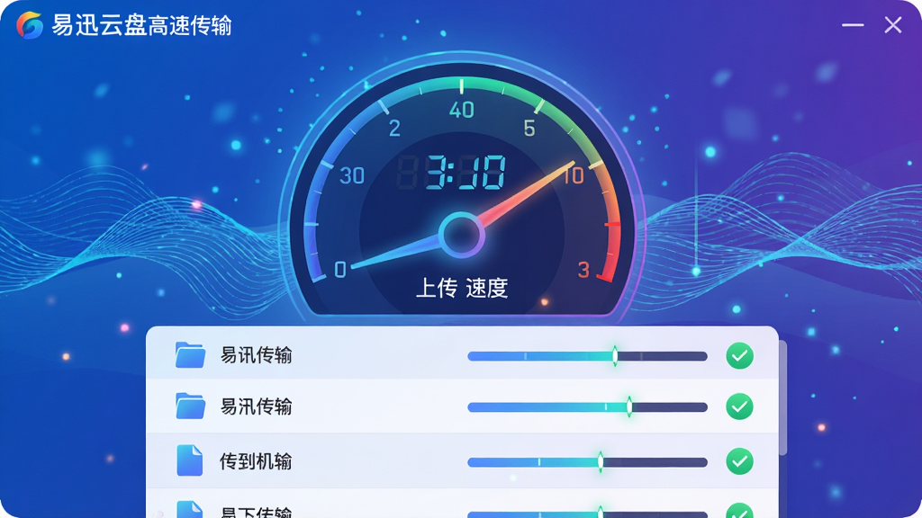 主体:易迅云盘高速传输界面,展示上传下载速度仪表盘。布局:画面中央为速度仪表盘,指针指向高速区域,下方为文件传输列表,显示多个任务并行进行。排版:仪表盘置于上方,列表置于下方,背景为浅蓝色动态波浪线,体现网络流动。风格:动感科技风,蓝紫渐变色调,图标带有光效。细节:速度数字以电子风格显示,文件列表带有进度条与绿色对勾,背景有轻微粒子效果。画质:高清,动态感强,干净无多余元素。