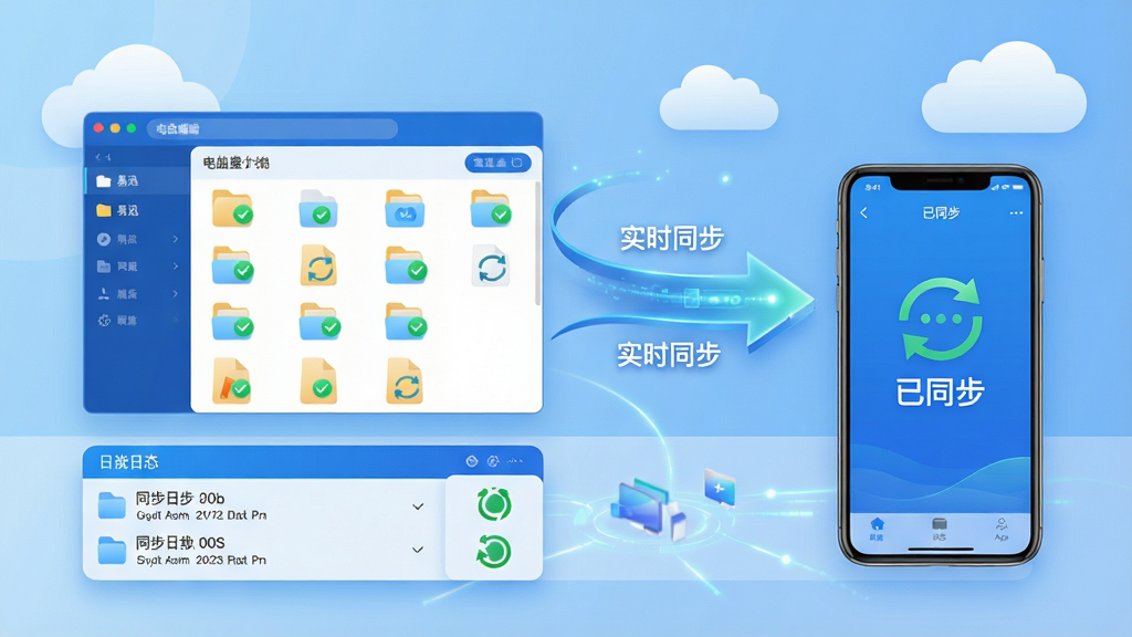 主体:易迅云盘同步功能操作界面,显示多个设备间文件同步示意图。布局:左侧为电脑端文件夹窗口,右侧为手机端App界面,中间以动态箭头连接,箭头旁标注“实时同步”。排版:画面分为上下两层,上层展示文件列表,下层显示同步日志与状态图标,整体以蓝色为主色调。风格:清新科技风,界面图标圆润,背景为淡蓝色渐变,辅以白色云朵元素。细节:文件图标上带有绿色对勾与旋转的同步箭头,手机端界面显示“已同步”字样,数据线条以发光效果呈现。画质:高清,细节锐利,色彩明快,干净无多余元素。