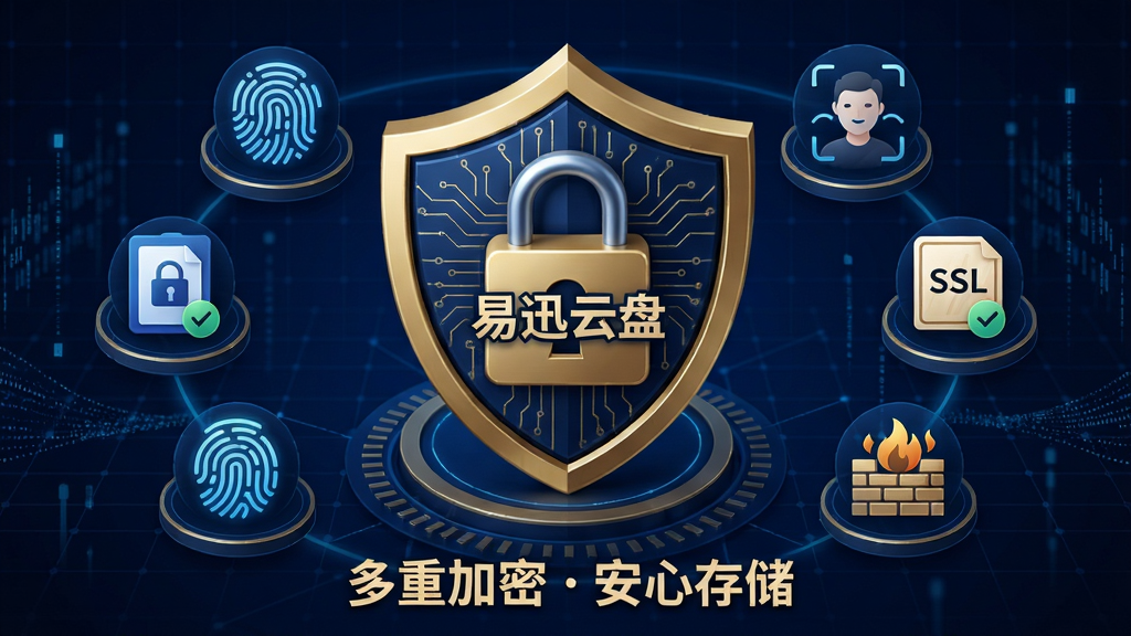 主体:易迅云盘安全防护概念图,中心为盾牌形状的加密锁图标,内部嵌入“易迅云盘”字样。布局:盾牌位于画面中央,四周环绕指纹、人脸识别、SSL证书、防火墙等图标,背景为深蓝色科技网格。排版:盾牌图标突出,周围图标呈圆形排列,下方配有“多重加密安心存储”字样。风格:科技安全风,深蓝与金色搭配,线条硬朗,细节丰富。细节:盾牌表面有电路纹理,指纹图标带发光效果,背景网格有数字流动感。画质:高清渲染,质感强烈,整体干净无冗余。