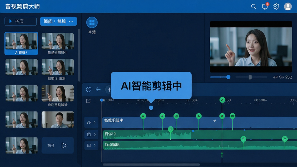 主体:音视频剪辑大师软件自动剪辑功能演示,时间轴上显示智能标记点。布局:左侧素材缩略图,右侧时间轴,中间有浮动提示框显示“AI智能剪辑中”。排版:界面简洁,功能按钮高亮。风格:科技蓝主色调,扁平化设计,高清渲染。细节:时间轴上有绿色自动标记点,预览窗口画面清晰。画质:4K高清,画面干净,无多余元素。