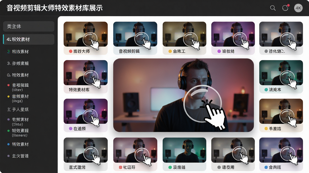 主体:音视频剪辑大师特效素材库展示,网格布局显示各种滤镜缩略图。布局:左侧分类列表,右侧素材网格,中间有大图预览。排版:素材卡片整齐排列,有文字标签。风格:明亮清新,色彩丰富,高清渲染。细节:每个素材卡片显示效果预览,鼠标悬停有放大效果。画质:4K超清,画面干净,无多余元素。