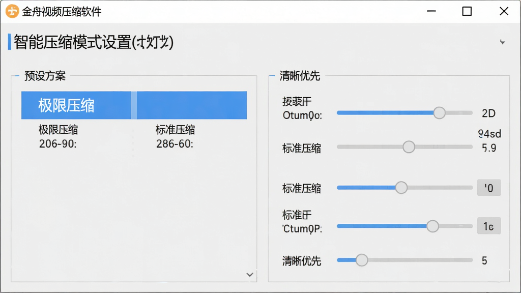 金舟视频压缩软件智能压缩模式设置界面,展示预设方案选项与参数调节面板,界面清晰,文字标注“极限压缩”“标准压缩”“清晰优先”,背景为浅灰色,画质干净