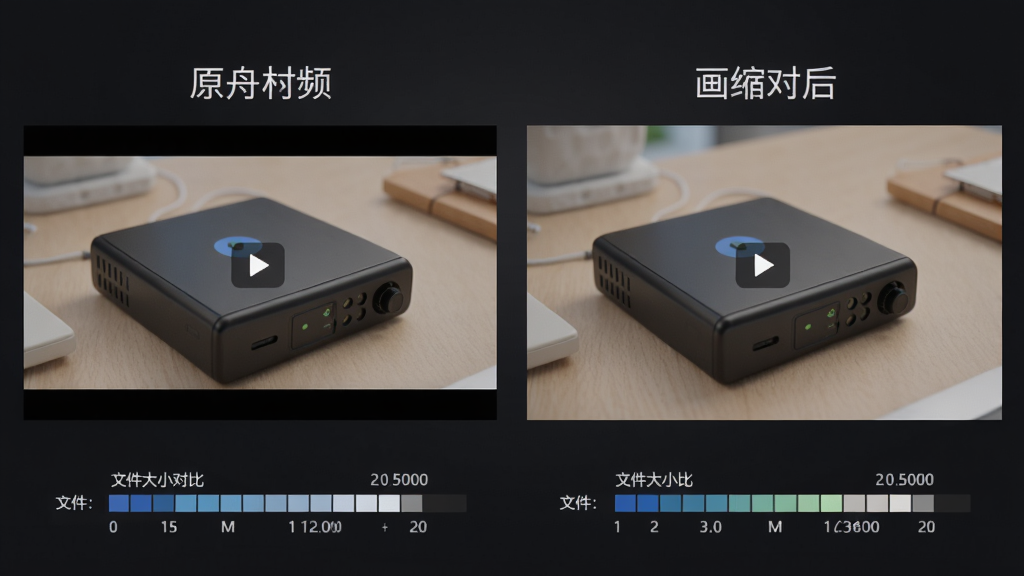 金舟视频压缩软件画质对比示意图,左侧为原视频画面,右侧为压缩后画面,两者视觉差异极小,下方显示文件大小对比,背景为深色,画质细腻