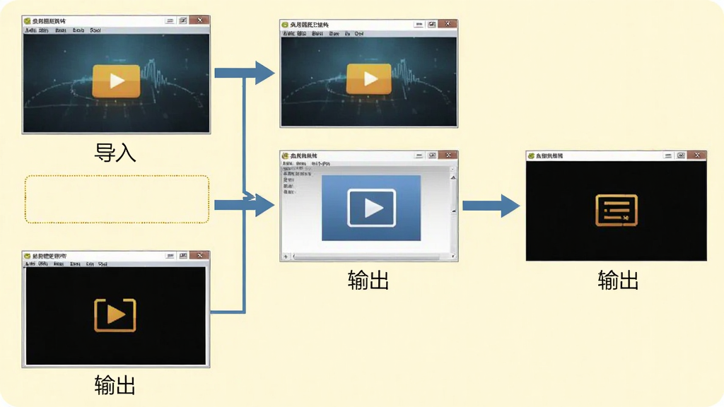 金舟视频压缩软件操作流程图,展示从导入到输出的完整步骤,用箭头连接各个界面,背景为浅黄色,画质清晰,无多余元素