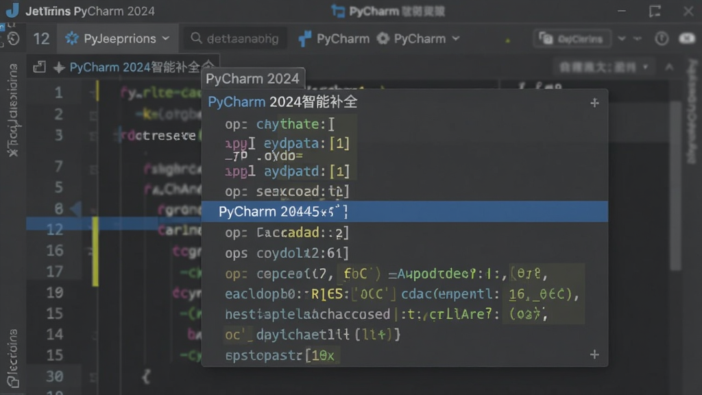 特写JetBrains PyCharm 2024中文激活版的代码编辑区,显示自动补全下拉列表,高亮显示函数参数和文档,背景虚化,风格清晰,画质细腻,文字内容为“PyCharm 2024智能补全”,干净无多余元素