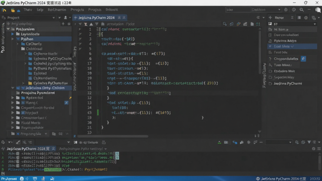 一张宽幅的电脑桌面截图,显示JetBrains PyCharm 2024中文激活版的主界面,深色主题,左侧项目文件树,中间代码编辑区高亮显示Python代码,右侧工具栏,底部运行终端,整体布局清晰,风格专业,画质干净,无多余元素