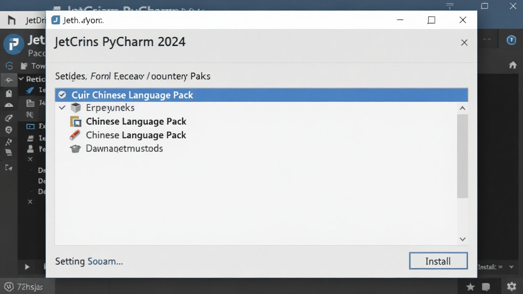 一张展示JetBrains PyCharm 2024中文激活版设置界面的截图,选中“Chinese Language Pack”插件,点击Install按钮,整体风格明亮,画质清晰,干净无多余元素