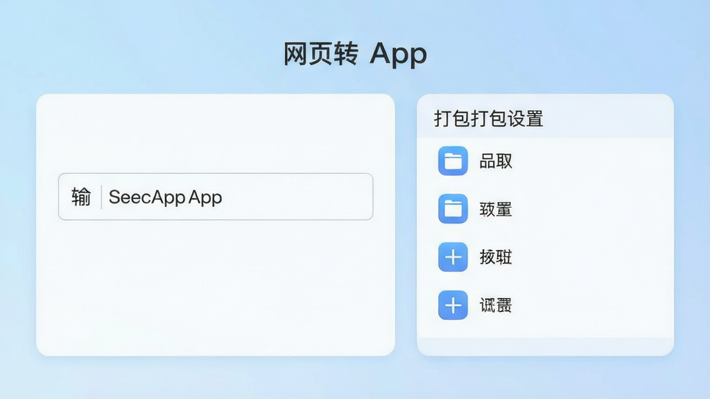网页转App软件主界面预览图,展示简洁的操作面板,左侧为网址输入框,右侧为打包设置区域,背景为淡蓝色渐变,整体风格现代简约,图标清晰,文字标注“网页转App”字样,画质高清,干净无多余元素