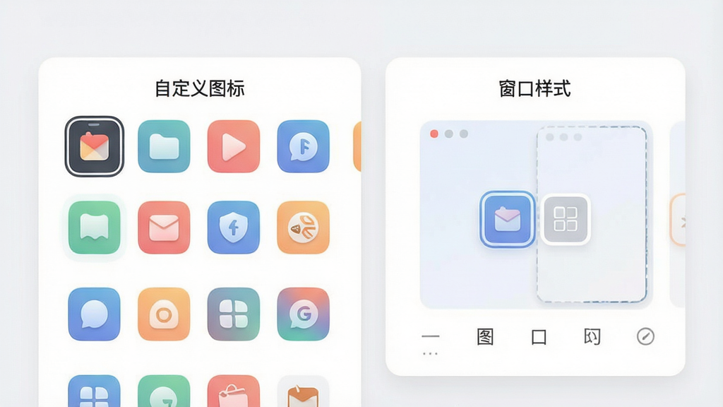 网页转App自定义设置界面预览,展示图标选择、窗口样式切换的选项面板,界面清晰,色彩柔和,图标示例丰富,文字标注“自定义图标”与“窗口样式”,画质高清,风格简洁,干净无多余元素