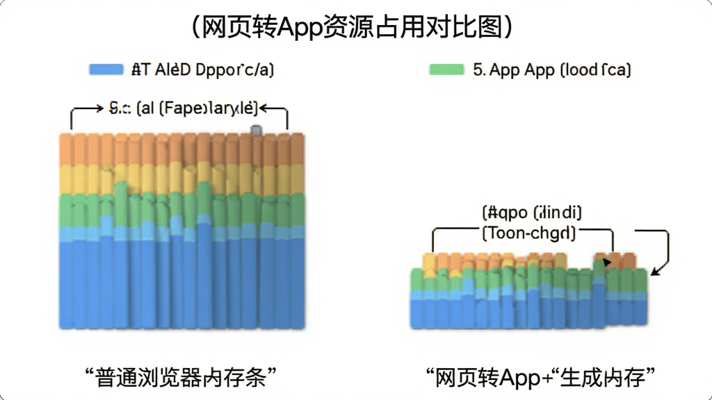 网页转App资源占用对比图,左侧为普通浏览器占用内存条,右侧为网页转App生成应用的占用内存条,右侧明显更短,背景干净,风格数据可视化,标注清晰,画质干净