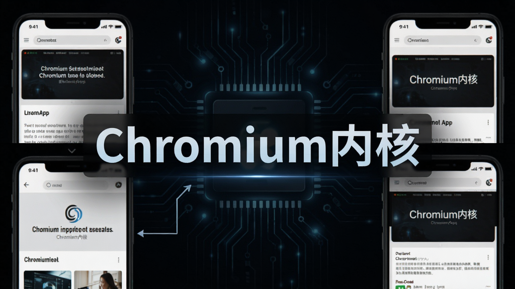 网页转App内置内核兼容性示意图,展示多种网页元素在应用中正常显示的截图拼接,背景为深色科技感,中间突出“Chromium内核”字样,画质清晰,细节精致,无多余元素