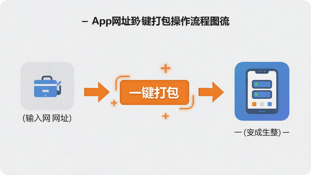 网页转App一键打包操作流程图,展示从输入网址到生成应用的完整步骤,箭头指示清晰,界面高亮显示“一键打包”按钮,背景为浅灰色,风格扁平化,细节丰富,画质干净,无多余元素