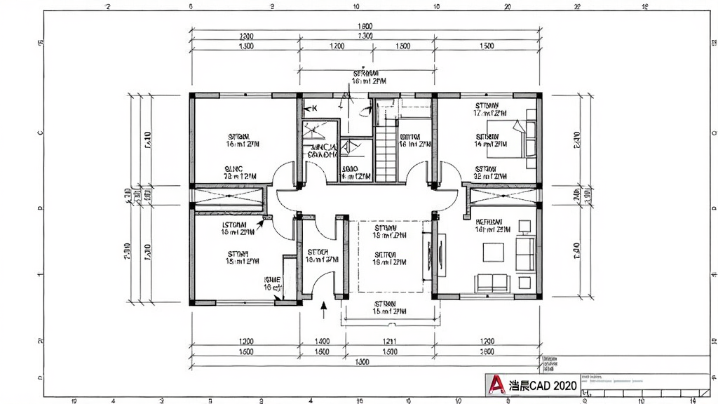 主体:浩辰CAD 2020中一张建筑平面图,上面有各种尺寸标注和文字说明;布局:图纸居中,标注线清晰,文字框整齐;排版:标注风格统一,字体清晰;风格:工程制图风格,白底黑线;细节:标注箭头、文字高度一致;画质:高清,干净无多余元素