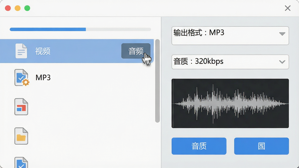 一个简洁的软件功能界面,左侧为视频文件列表,右侧为音频提取设置面板,显示“输出格式:MP3”、“音质:320kbps”字样,背景为浅灰色,界面元素有进度条、按钮、文件图标,整体布局清晰,排版规整,风格商务简约,细节包括鼠标指针悬停在按钮上、波形图预览,画质干净,无多余元素