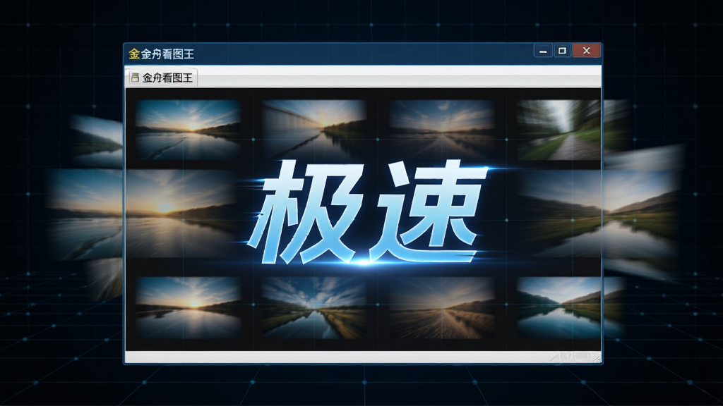 一张动态效果图,主体为金舟看图王软件窗口内多张图片快速切换的残影效果,背景为深色科技感网格,窗口中央显示“极速”二字,布局聚焦、排版简洁、风格炫酷、细节表现出高速感、画质清晰、干净无多余元素