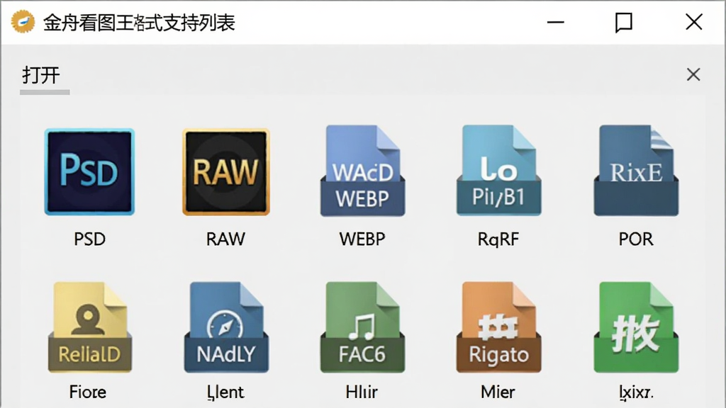 一幅展示金舟看图王格式支持列表的界面截图,主体为软件内“打开”对话框,下方排列着各种文件格式图标,如PSD、RAW、WEBP等,每个图标下方有对应英文缩写,窗口背景为浅灰色,布局整齐、风格扁平、细节清晰、画质干净