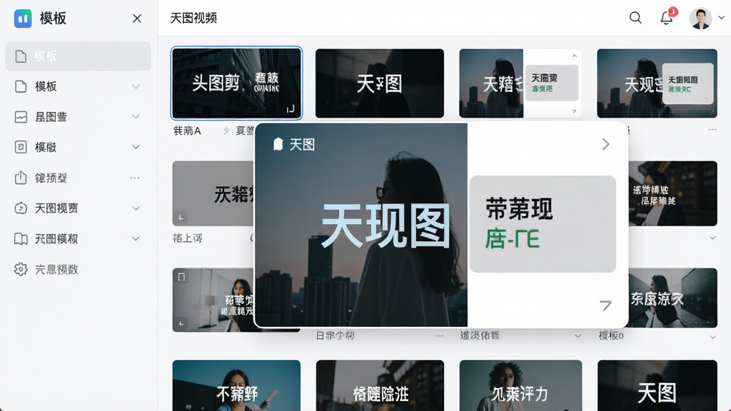 一张展示天图视频剪辑工具模板中心的界面图,左侧为模板分类列表,右侧为模板缩略图墙,其中一个模板被放大预览,显示片头画面与文字占位符,整体界面清新明亮,画质干净。