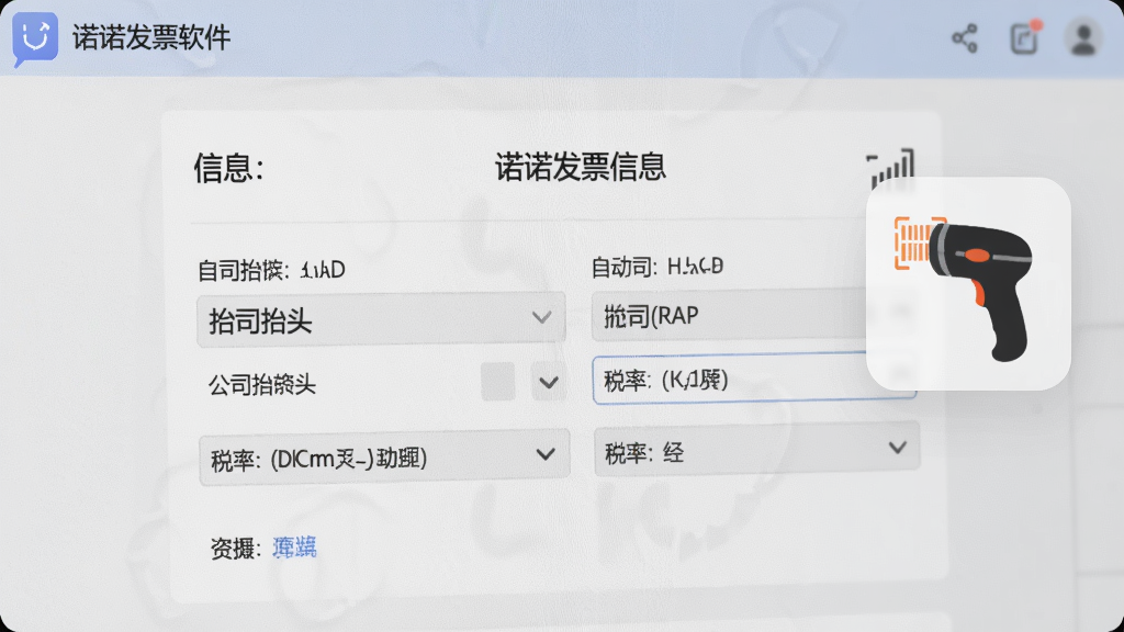主体为诺诺发票软件开票界面特写,布局中央为发票信息填写区域,右侧悬浮着扫码枪图标,排版简洁,风格写实,细节包括自动填充的公司抬头与税率栏,画质清晰干净,无多余元素