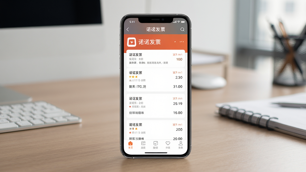 主体为手机屏幕显示诺诺发票应用界面,背景为办公桌,布局为手机居中特写,风格写实,细节包括屏幕上的发票列表与底部导航栏,画质干净无多余元素