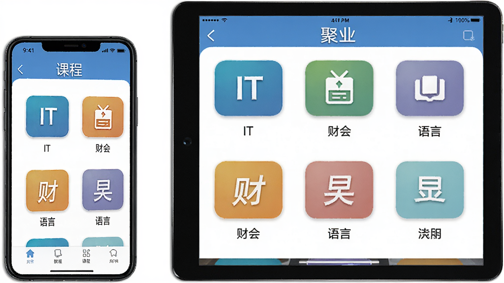 ��ҵ�����γ̷���չʾ���棬����Ϊ�ֻ���ƽ�岢����ʾ��ҵ����APP�γ��б�������IT���ƻᡢ���Եȷ���ͼ�꣬����Ϊ����ɫ����Ʒ��Ⱦͼ���ϸ������������ϸ�壬�ɾ��޶���Ԫ��