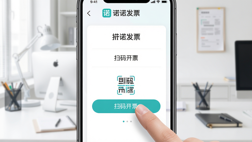 主体:诺诺发票软件在手机上的开票操作界面,手指点击“扫码开票”按钮。 布局:手机占据画面主体,屏幕内容清晰可见,背景为简洁的办公环境。 排版:手机屏幕居中,周围留白。 风格:现代、清新、高清晰度。 细节:屏幕中显示“诺诺发票”Logo和“扫码开票”选项,界面简洁。 画质:干净,无多余元素。
