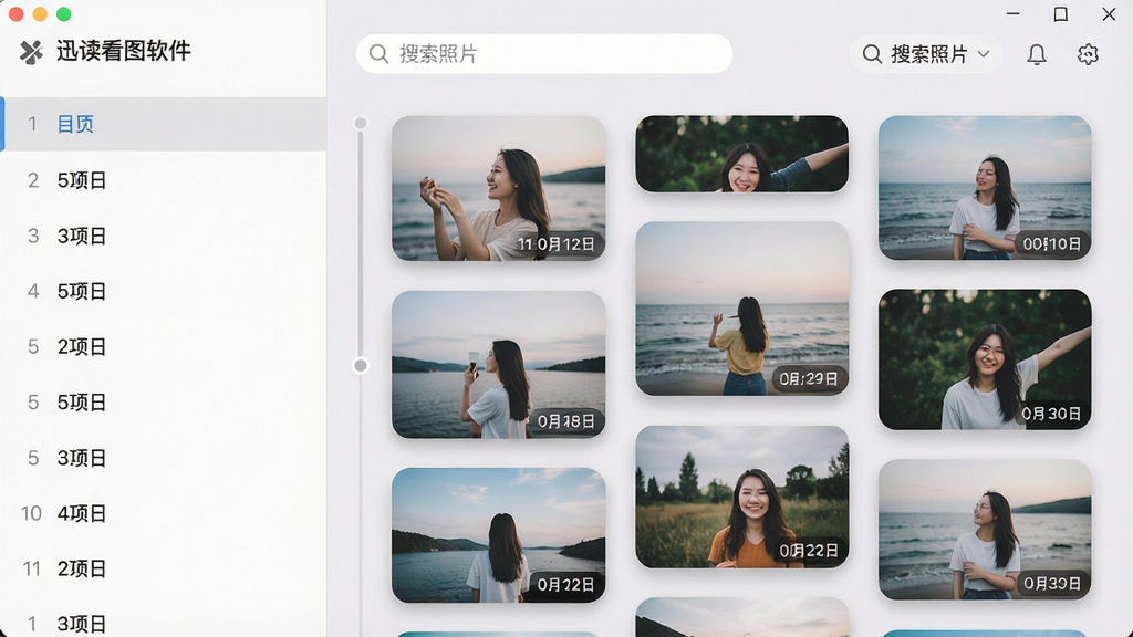 主体:迅读看图软件的智能相册界面,展示按月份分类的照片时间轴;布局:左侧为月份列表,右侧为照片瀑布流,顶部有搜索栏;排版:照片卡片大小一致,错落有致;风格:清新简约,浅灰色背景,照片带圆角阴影;细节:每张照片右下角有日期角标,搜索栏中有“搜索照片”提示文字,界面干净整洁;画质:高清,色彩柔和,干净,无多余元素