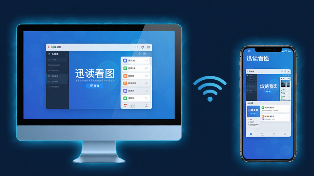 主体:迅读看图软件运行在电脑上,同时旁边放着一部手机,屏幕上也显示迅读看图界面;布局:左电脑右手机,中间有无线网络图标连接;排版:设备摆放整齐,背景为纯色;风格:科技感,蓝色调;细节:电脑屏幕和手机屏幕均显示“迅读看图”主界面,界面清晰,设备边缘有光效;画质:高清渲染,干净,无多余元素