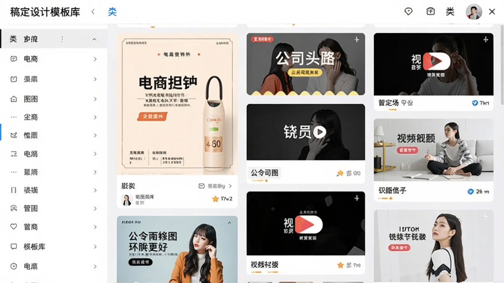 稿定设计模板库界面截图,左侧分类栏、右侧模板瀑布流展示,模板缩略图涵盖电商促销海报、公众号头图、短视频封面等类型,界面以浅色背景为主,排版整齐有序,风格清新明亮,画质干净,无多余元素