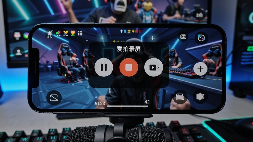 一张手机横屏录制游戏的实拍图,屏幕中显示“爱拍录屏”的悬浮控制菜单,包含暂停、停止、截图按钮,手机下方有外接麦克风,背景是电竞风格的光效,主体清晰,细节丰富,构图饱满