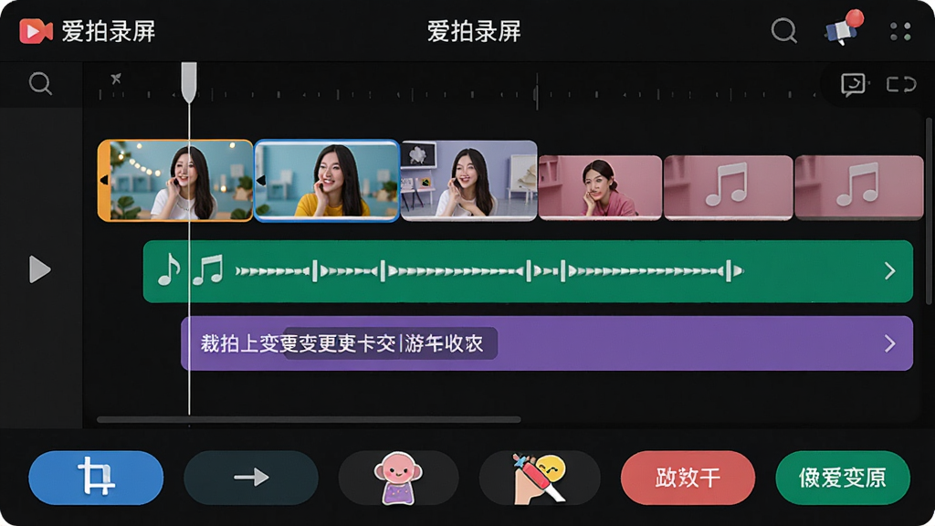 一张界面截图风格的设计图,屏幕展示“爱拍录屏”的剪辑界面,时间轴上有视频片段、音乐轨道和字幕轨道,下方是裁剪、变速、贴纸等工具栏,界面布局合理,色彩鲜明,操作按钮清晰可见,画质干净