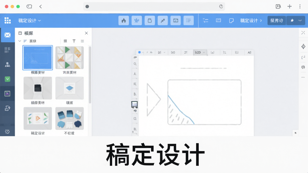 一幅展示稿定设计软件主界面的截图风格图片,画面中央是一个简洁明亮的网页编辑界面,左侧为模板素材列表,右侧为画布预览区,顶部有工具栏按钮,整体采用蓝白配色,扁平化设计,画质干净,无多余元素,图片下方配有文字“稿定设计”