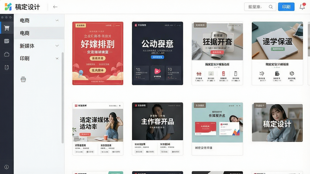 一张展示稿定设计模板库的图片,画面为软件内部页面,左侧分类栏显示“电商”、“新媒体”、“印刷”等标签,右侧整齐排列着各种风格各异的模板缩略图,有促销海报、公众号封面、名片等,整体界面清爽明亮,扁平化风格,画质干净,无多余元素,图片中可见“稿定设计”字样