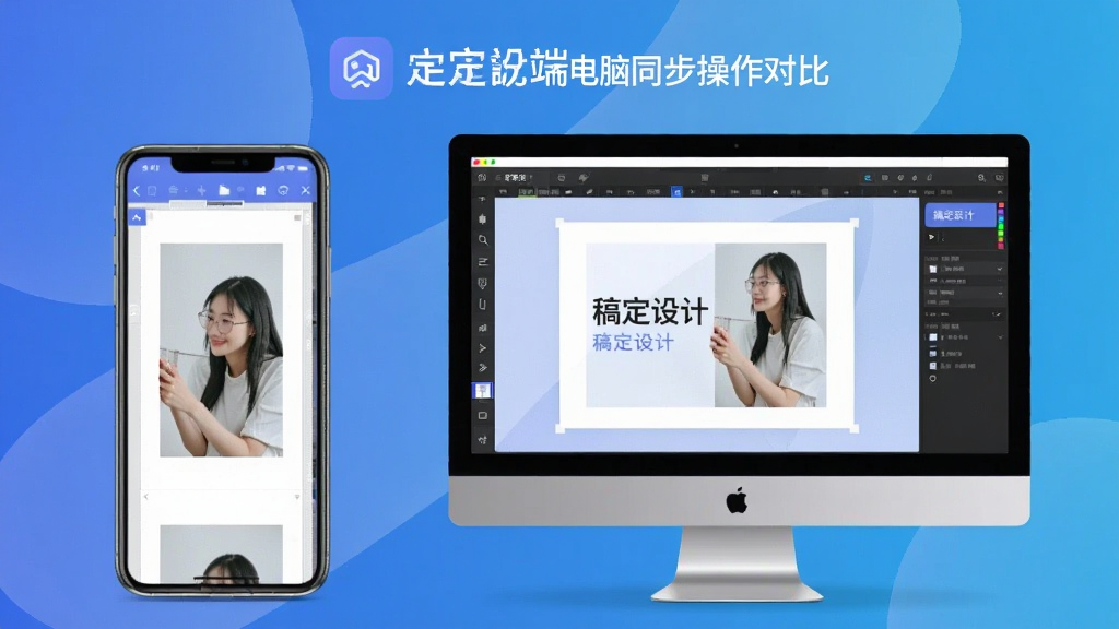一张展示稿定设计移动端与电脑端同步操作对比的图片,左侧为手机屏幕显示编辑界面,右侧为电脑屏幕显示同一项目,背景为渐变蓝色,风格现代简洁,画质干净,无多余元素,图片中可见“稿定设计”字样