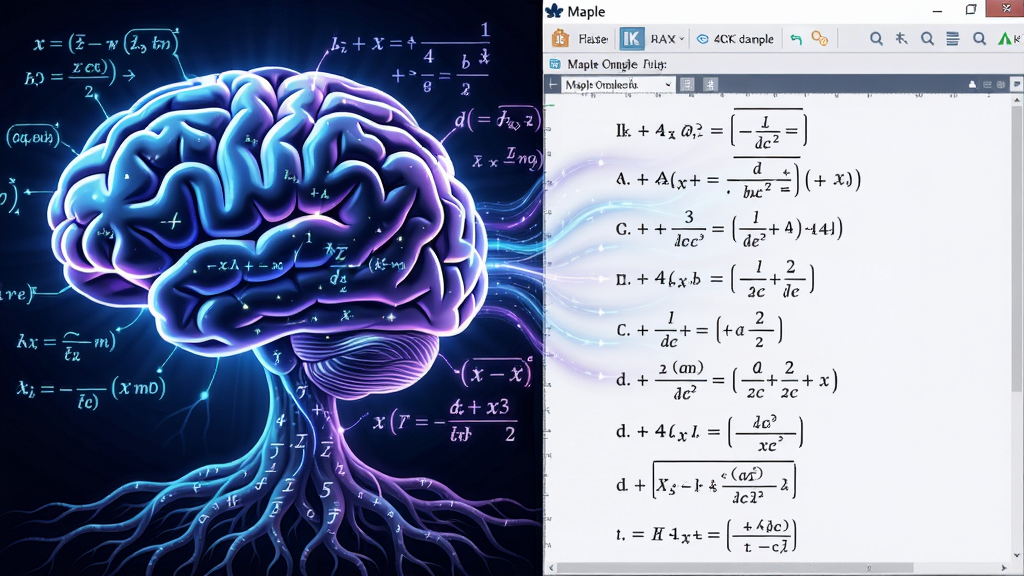 主体:一个巨大的发光大脑与数学符号树根结合,背景是Maple软件的操作界面。布局:大脑位于左侧,右侧展示Maple的公式推导过程,形成对比。排版:左右分割构图,大脑与界面各占一半,中间用流动的光线连接。风格:抽象艺术与科技融合,色彩以蓝紫为主。细节:大脑的神经元与数学公式相互缠绕,Maple界面上有清晰的符号推导步骤。画质:4K高清,干净,无多余元素。