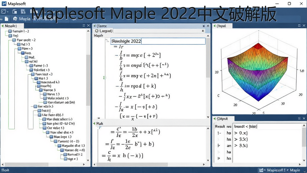 画面主体为Maplesoft Maple 2022中文破解版软件界面,居中显示一个复杂的数学公式推导过程,左侧为符号计算树,右侧为3D函数曲面图,布局清晰,界面采用现代简约风格,深蓝色工具栏搭配白色编辑区,细节展示公式输入框和结果输出栏,画质高清干净,无多余元素,图片中文字标注