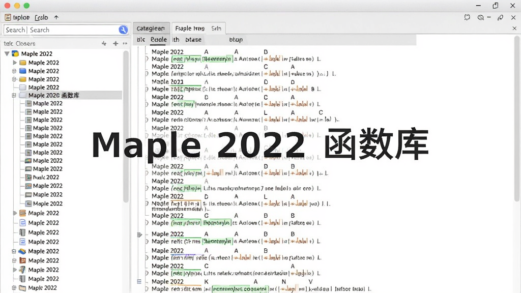 画面展示Maple 2022的函数库浏览器,左侧为分类树,右侧列出大量函数名称及说明,背景为白色,布局清晰,风格简洁商务,细节突出函数搜索框和分类标签,画质干净,无多余元素,图片中文字标注
