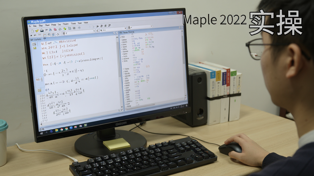 画面展示用户正在使用Maplesoft Maple 2022中文破解版进行微分方程求解,屏幕上有输入命令和输出结果,键盘与鼠标可见,背景为整洁书桌,布局自然,风格纪实,细节突出软件界面,画质清晰,无多余元素,图片中文字标注