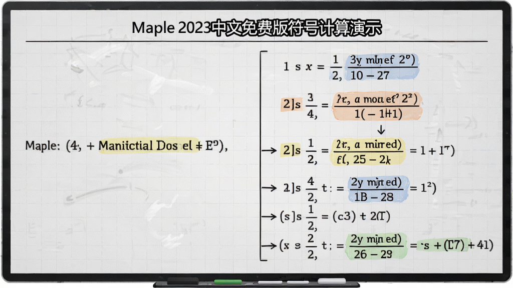 主体:Maple 2023中文免费版符号计算演示,显示逐步推导的代数过程。布局:电子白板风格,左侧为输入表达式,右侧为计算步骤。排版:分步展示,逻辑清晰。风格:简洁、学术、专业。细节:高亮显示关键转换步骤,字体清晰,背景为浅灰色网格,画质:干净,无多余元素。