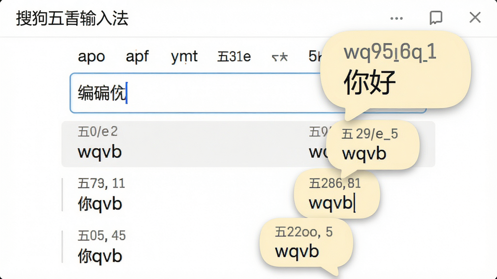 主体:搜狗五笔输入法的编码提示功能截图,输入拼音后显示对应的五笔编码。布局:输入框居中,下方为候选词,每个词条上方有灰色小字显示五笔编码。排版:编码提示以悬浮气泡形式出现,不影响正常输入。风格:清新简洁,背景为白色,提示气泡为淡黄色。细节:输入“你好”显示“wqvb”等编码,整体界面干净。画质:高清,无多余元素。