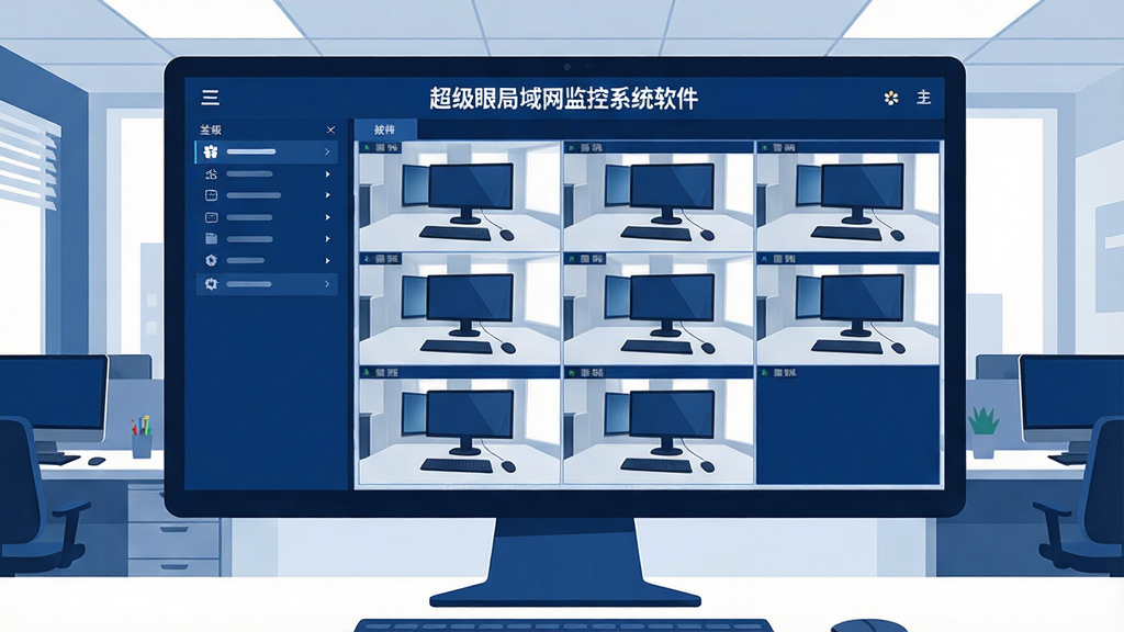 一幅现代企业办公室场景的插图,画面中央有一台大屏幕显示器,屏幕上清晰显示着“超级眼局域网监控系统软件”的监控主界面,界面中分布着多台电脑终端的实时缩略画面,画面风格专业、干净,色彩以深蓝和白色为主,布局规整,画质高清,细节丰富,无多余元素。