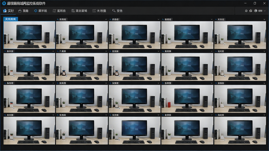 一张高清晰度的电脑屏幕截图,展示“超级眼局域网监控系统软件”的实时屏幕墙功能界面,屏幕上整齐排列着多台电脑的实时画面缩略图,每幅画面内容清晰可辨,界面顶部有功能选项卡,整体风格为深色商务风,布局紧凑,画质细腻,干净整洁。