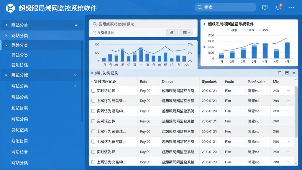 一幅展示“超级眼局域网监控系统软件”上网行为管理功能的界面预览图,画面左侧为网站分类列表,右侧为实时访问记录表格,顶部有搜索栏和统计图表,整体设计简洁直观,蓝白配色,画质清晰,无多余元素。